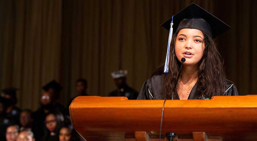 A Dillard student gives a speech at graduation